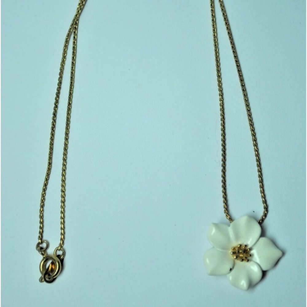 Signed Crown Trifari Enamel White Flower